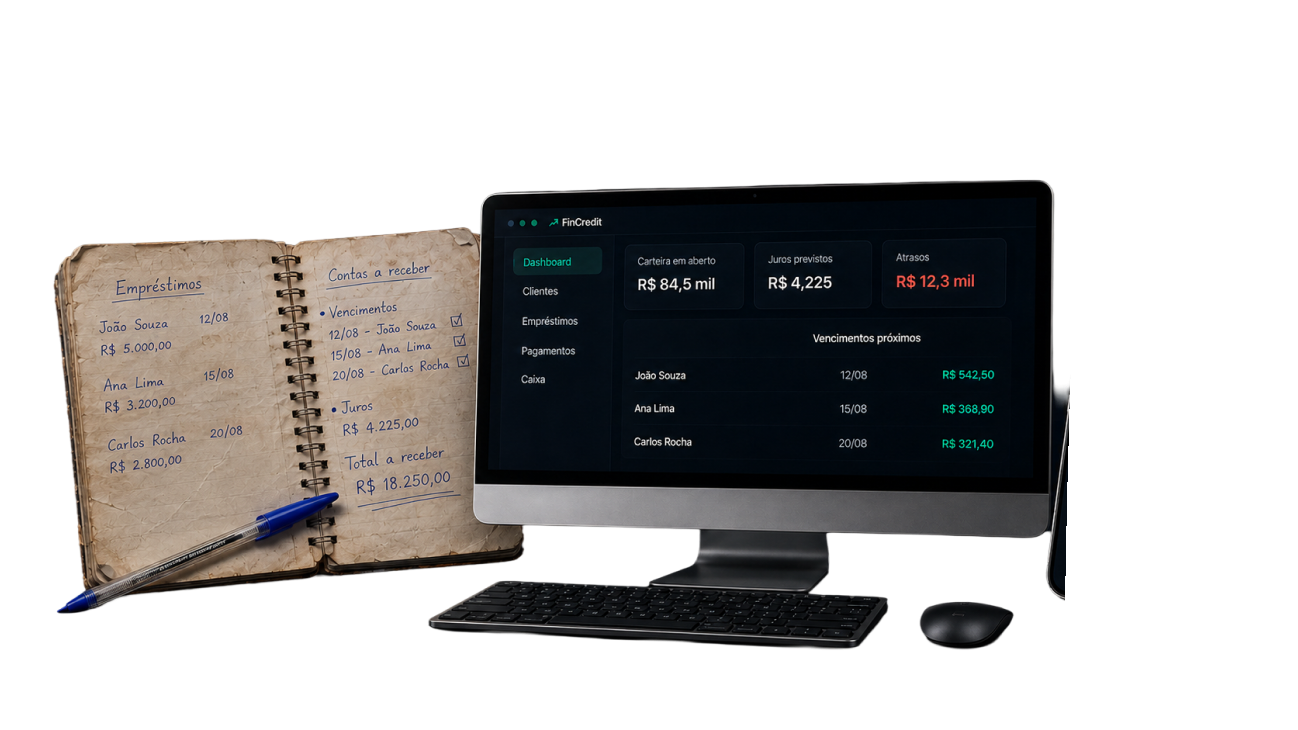 Caderno de anotações ao lado do FinCredit no computador e celular